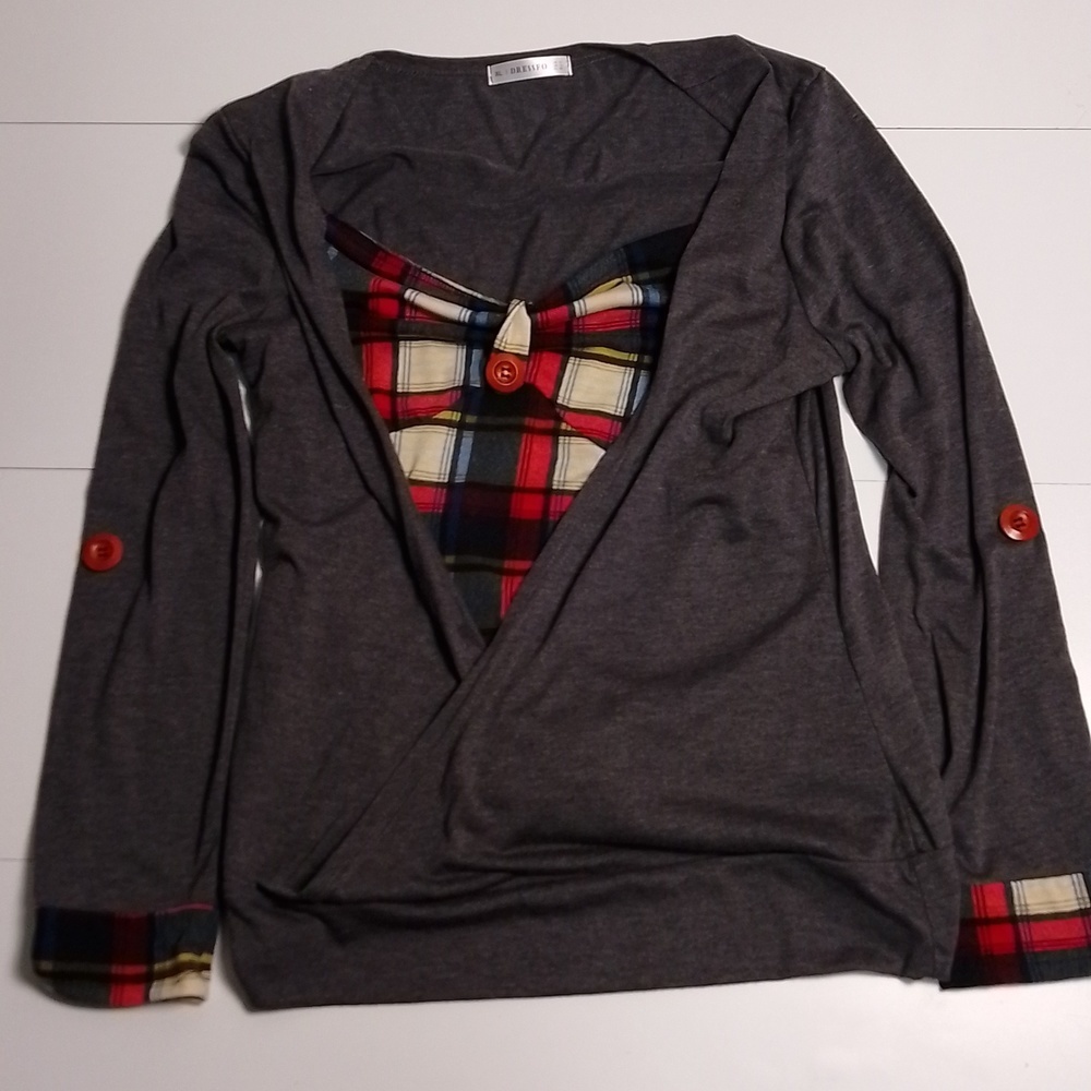 Dressfo faux wrap with attached plaid shirt size xl  wood buttons unique